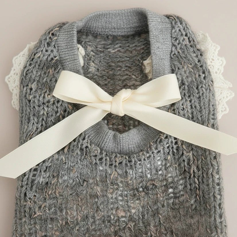 Small dog backless sweater Coquette light grey lace bow refined
