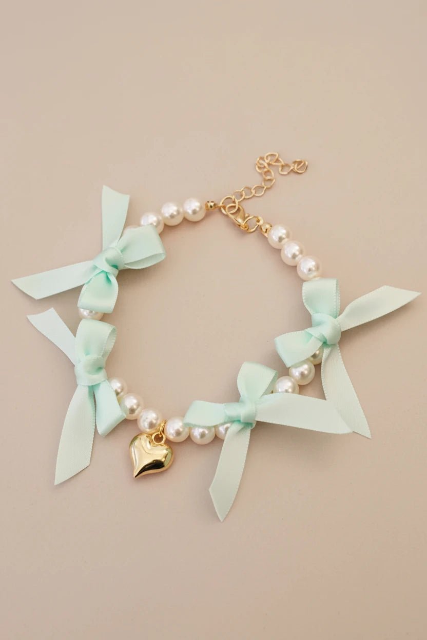 Chihuahua small dog necklace Velvet Heart pearl lace bows aqua charming
