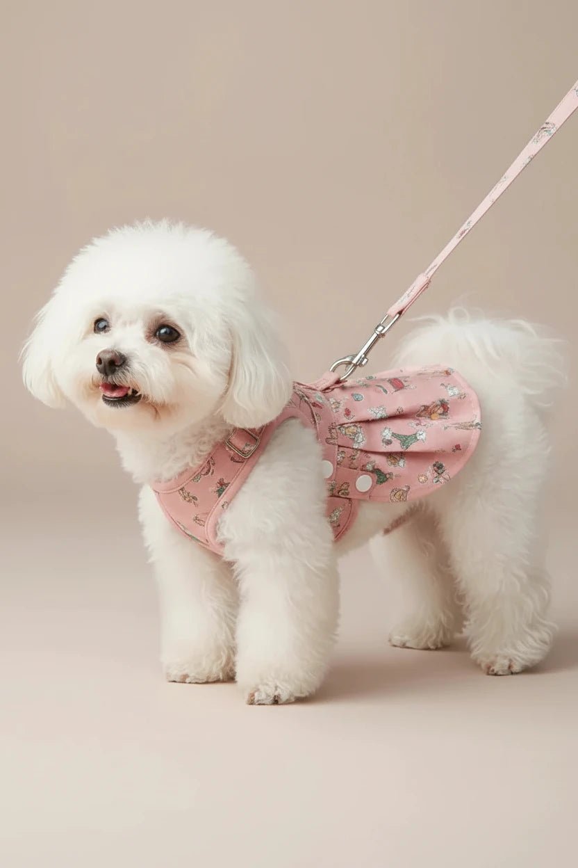 Small dog in pink cotton dungaree dress — Pippin dog print dress with adjustable suspenders and metal clip fasteners