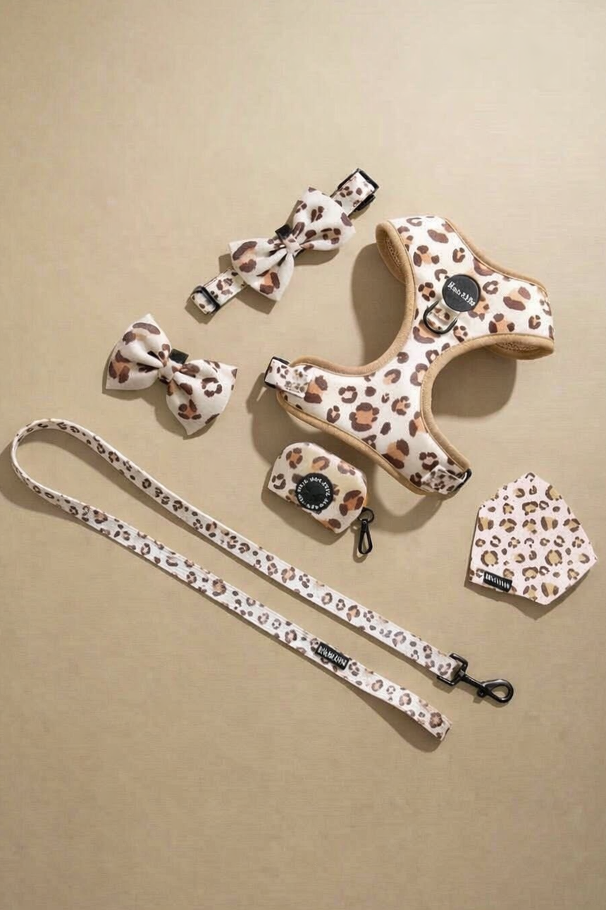 Pomeranian harness leopard print adjustable chest strap detail
