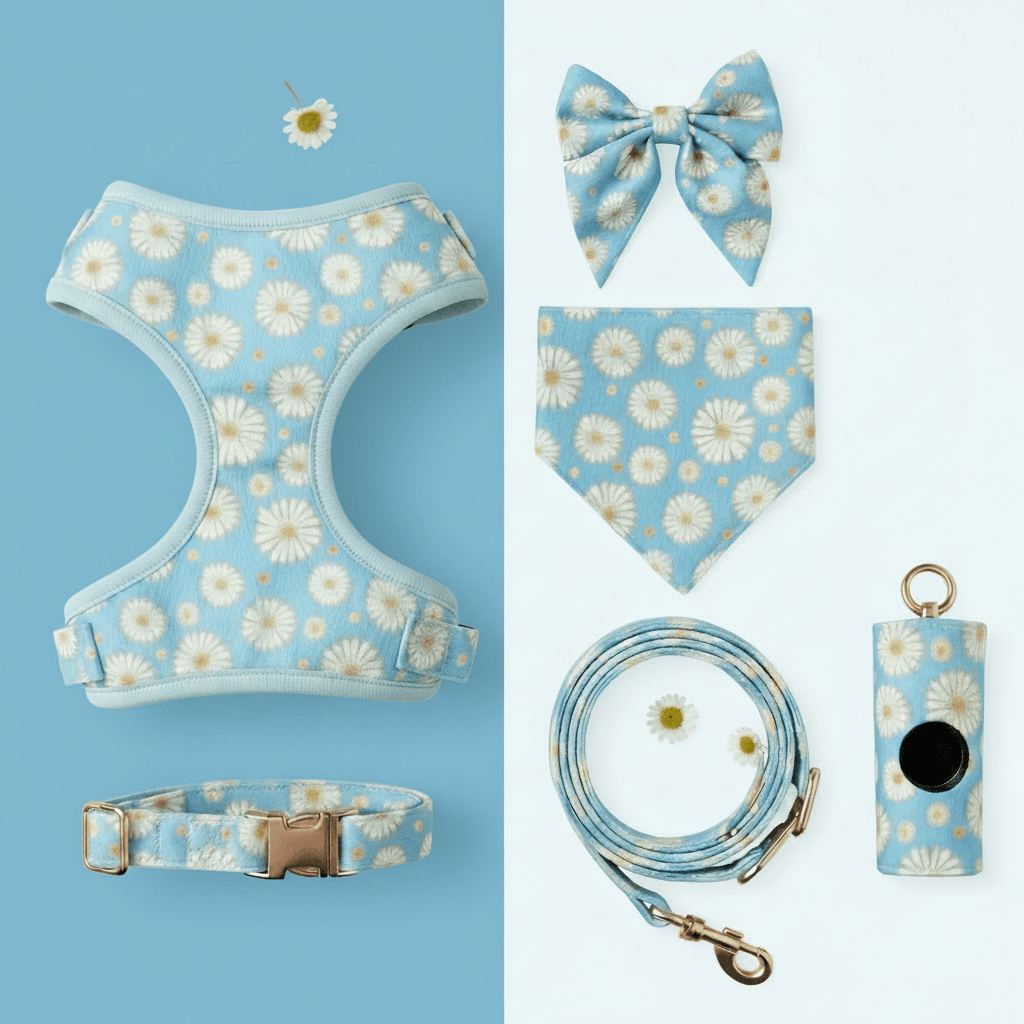 Dog harness for small to medium dogs. Mona & Milo. Blue daisy pattern.