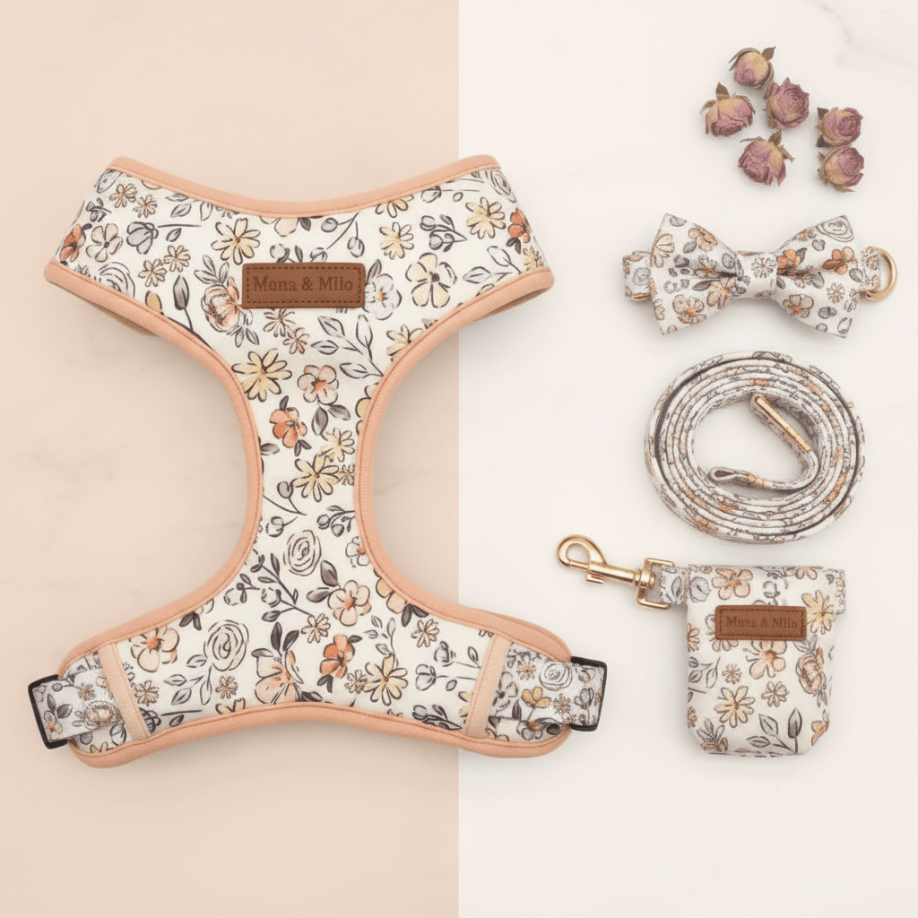 Dog harness for small to medium dogs. Mona & Milo. Floral peach pattern.