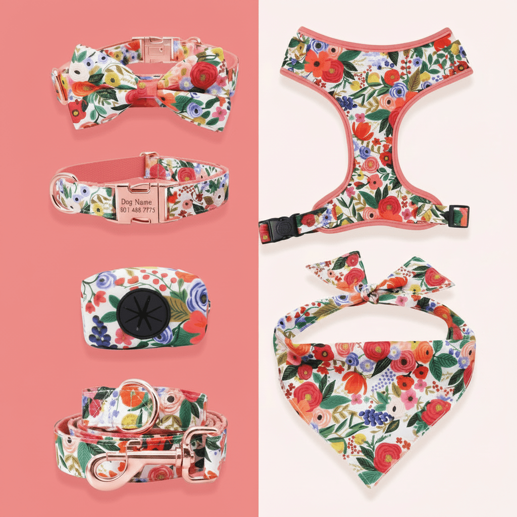 Dog harness for small to medium dogs. Mona & Milo. Garden floral pattern.