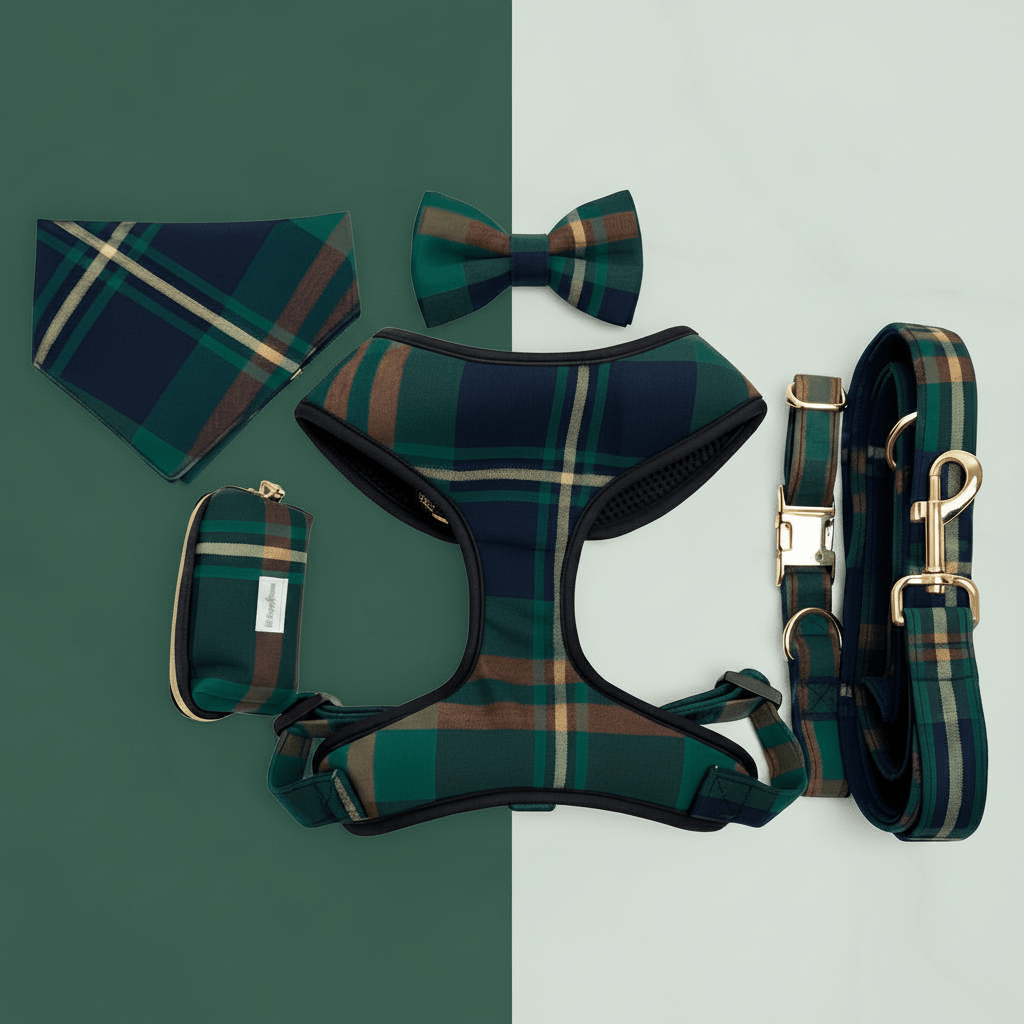 Dog harness for small to medium dogs.Green tartan rich colors. Mona & Milo