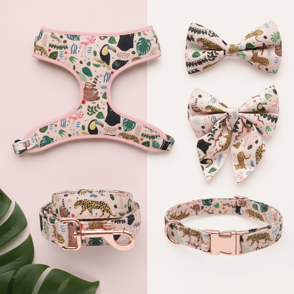 Dog harness for small to medium dogs. Mona & Milo. Jungle tropical pattern.