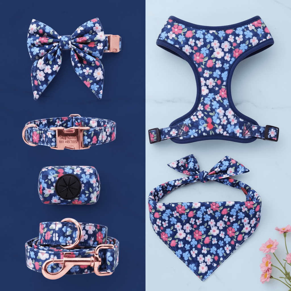 Dog harness for small to medium dogs. Mona & Milo. Navy floral pattern.