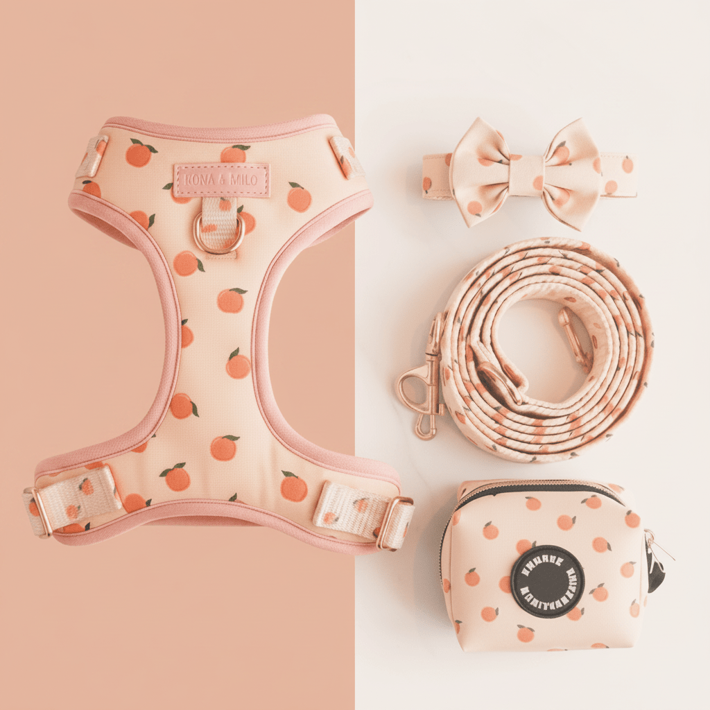 Dog harness for small to medium dogs. Mona & Milo. Peach orange pattern.