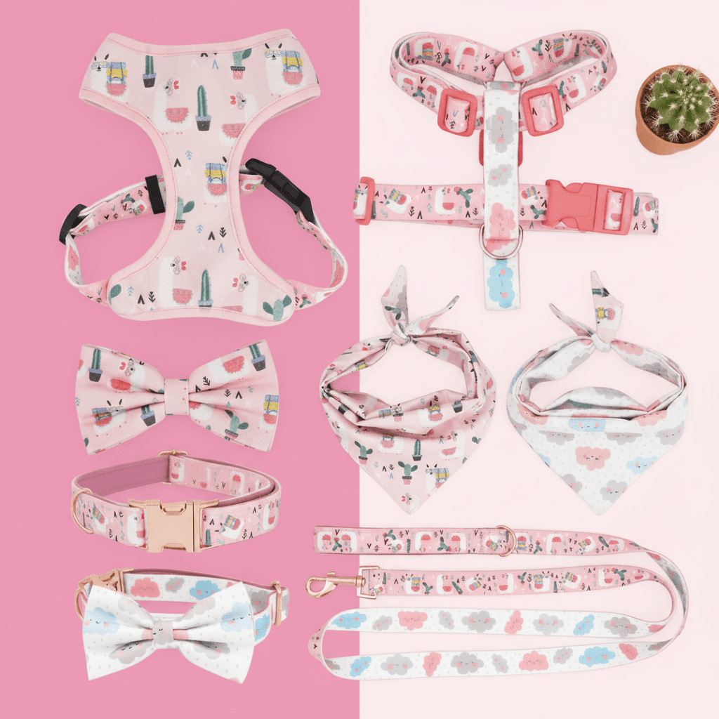Dog harness for small to medium dogs. Mona & Milo. Pink cactus pattern.