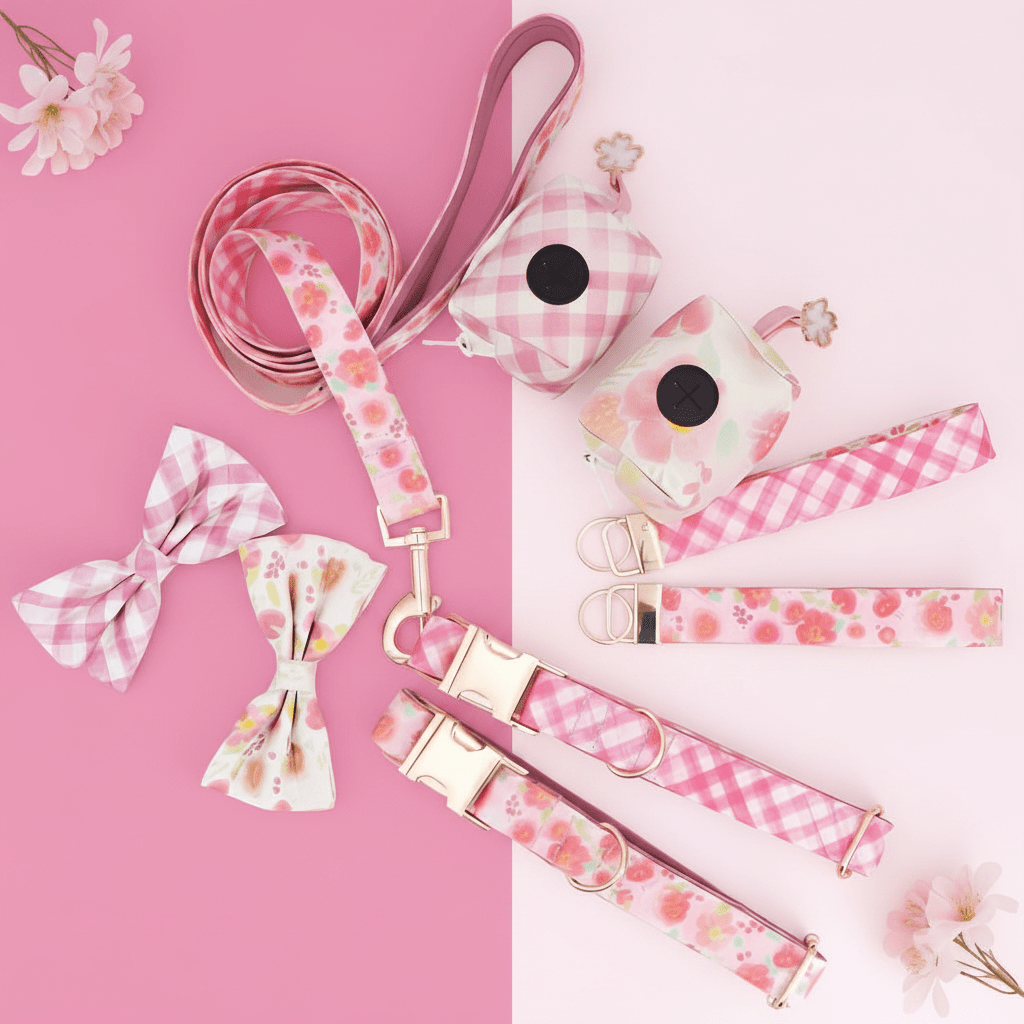 Dog harness for small to medium dogs. Mona & Milo. Pink gingham cherry pattern.