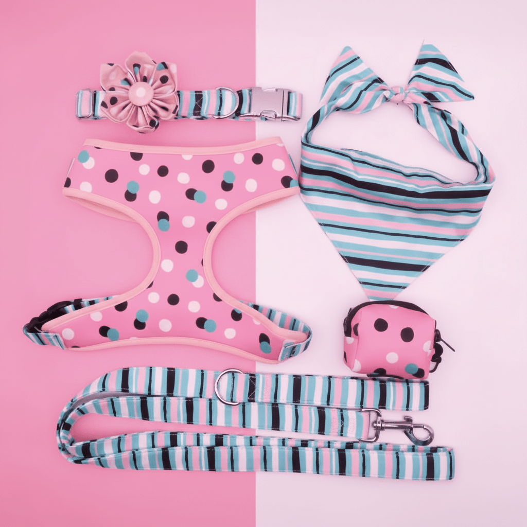 Dog harness for small to medium dogs. Mona & Milo. Pink polka dot pattern.