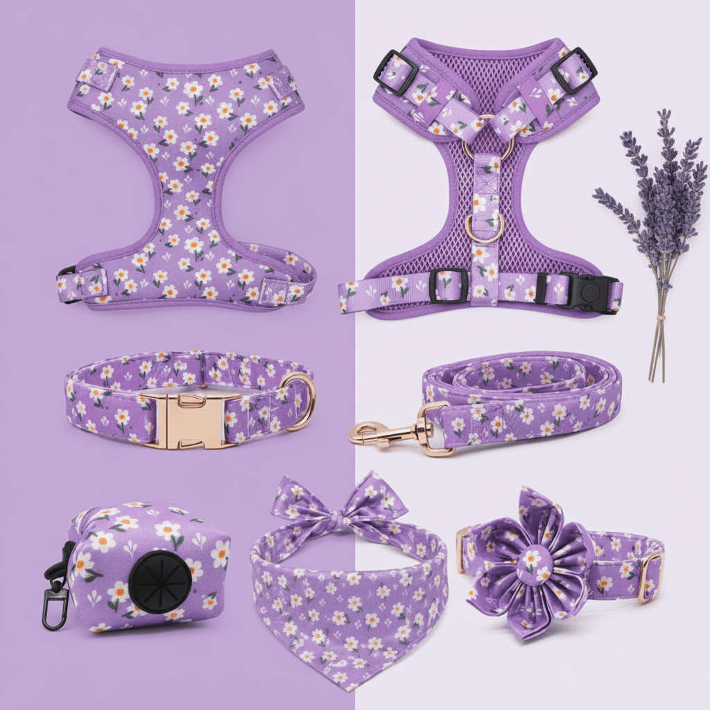 Dog harness for small to medium dogs. Mona & Milo. Purple daisy pattern.