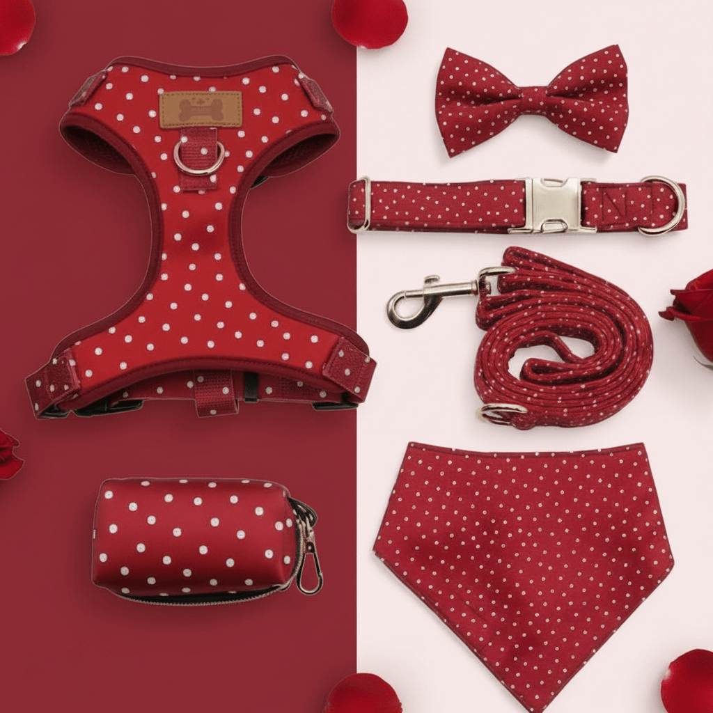 Dog harness for small to medium dogs. Mona & Milo. Red polka dot pattern.