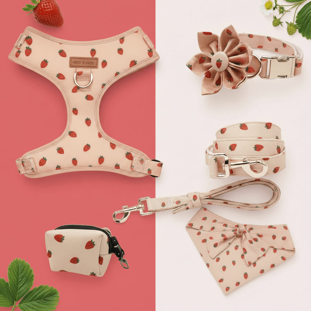 Dog harness for small to medium dogs. Mona & Milo. Strawberry bright red pattern.