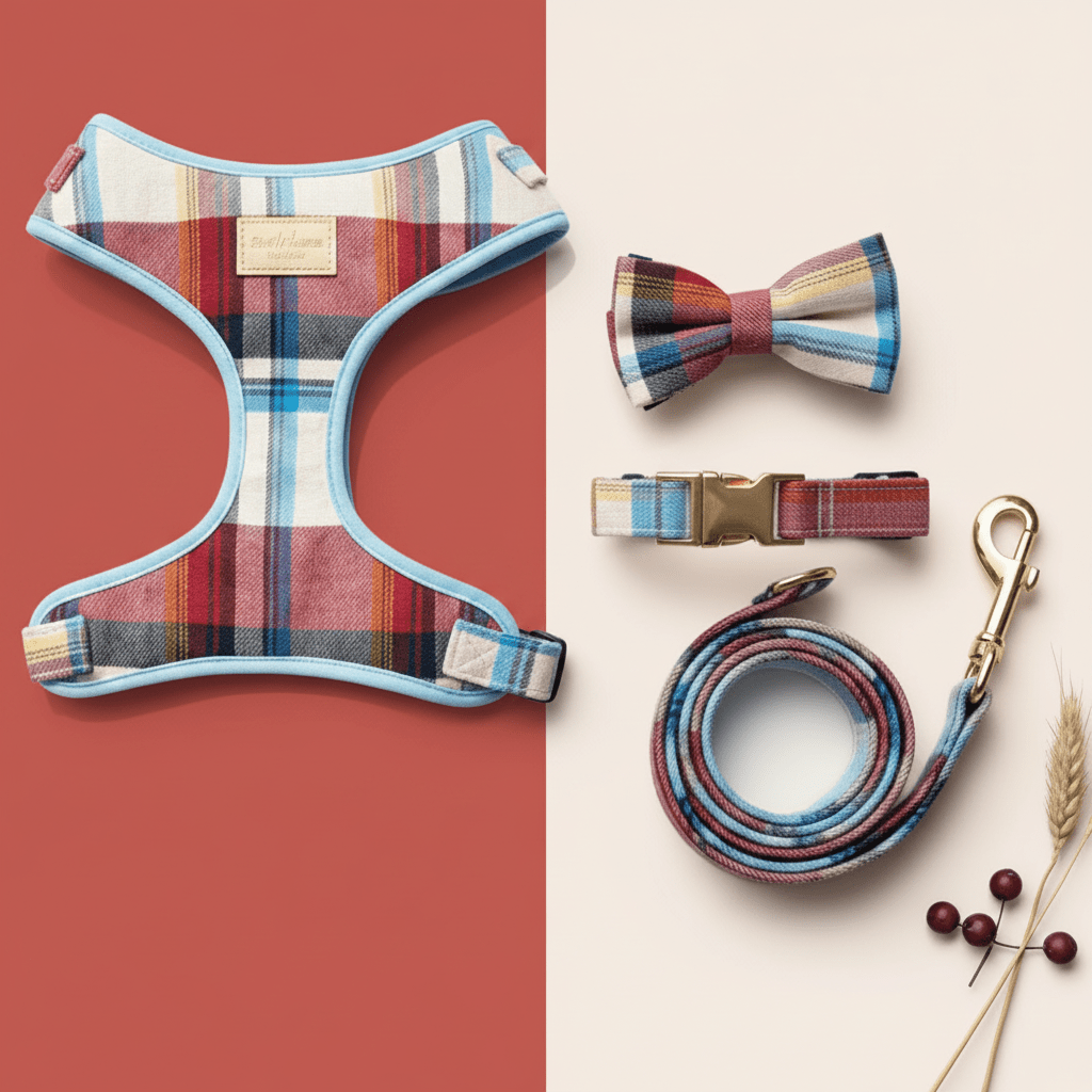 Dog harness for small to medium dogs. Mona & Milo. Tartan red pattern.